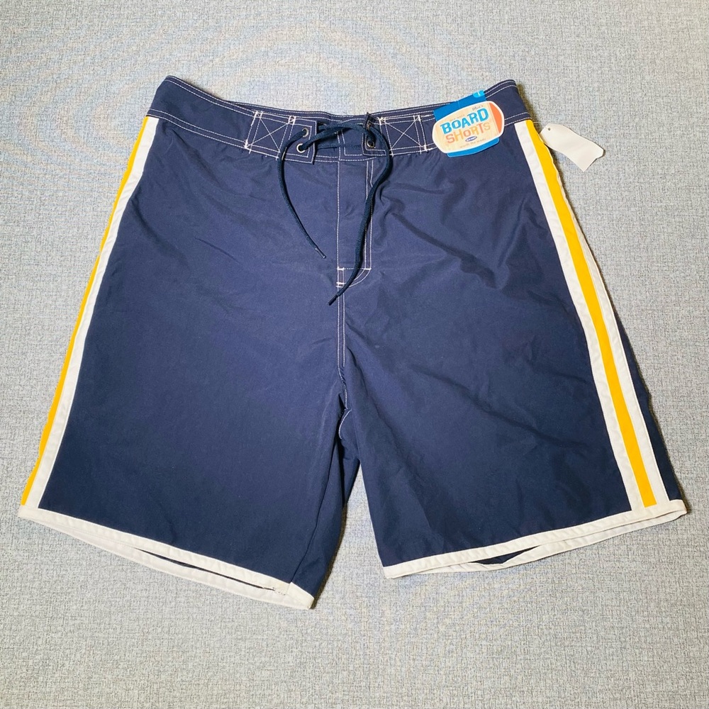 Vintage Y2K Old Navy Board Shorts Men’s Size Large Navy Blue Yellow Bathing Suit